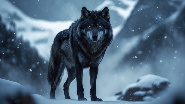 heavy snowfall featuring a black wolf in winter