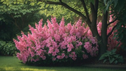Blossoming pink azalea bush beneath a tree in a garden