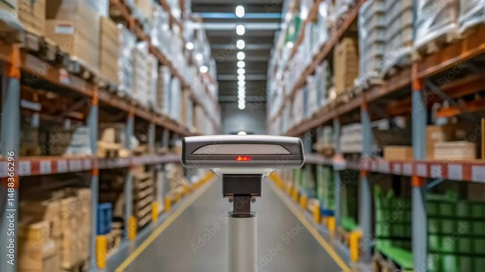 Poster automated guided vehicle moving through warehouse, inventory management system