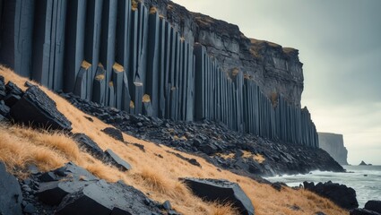 Rugged volcanic basalt prisms shaping the southern beach landscape