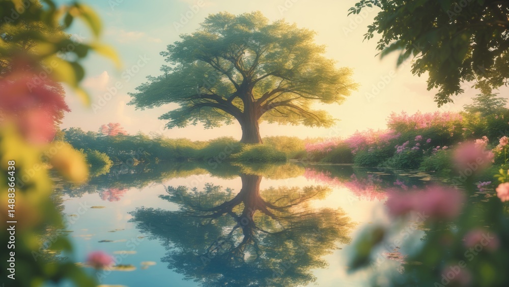 Poster conceptual background of summer featuring tree reflection with a retro filter