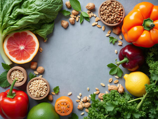 A detailed top view of an eclectic spread of Asian food bowls arranged with precision and harmony on a matte gray concrete tabletop. Central to the composition is a bowl of Japanese donburi&mdash;steamed ri