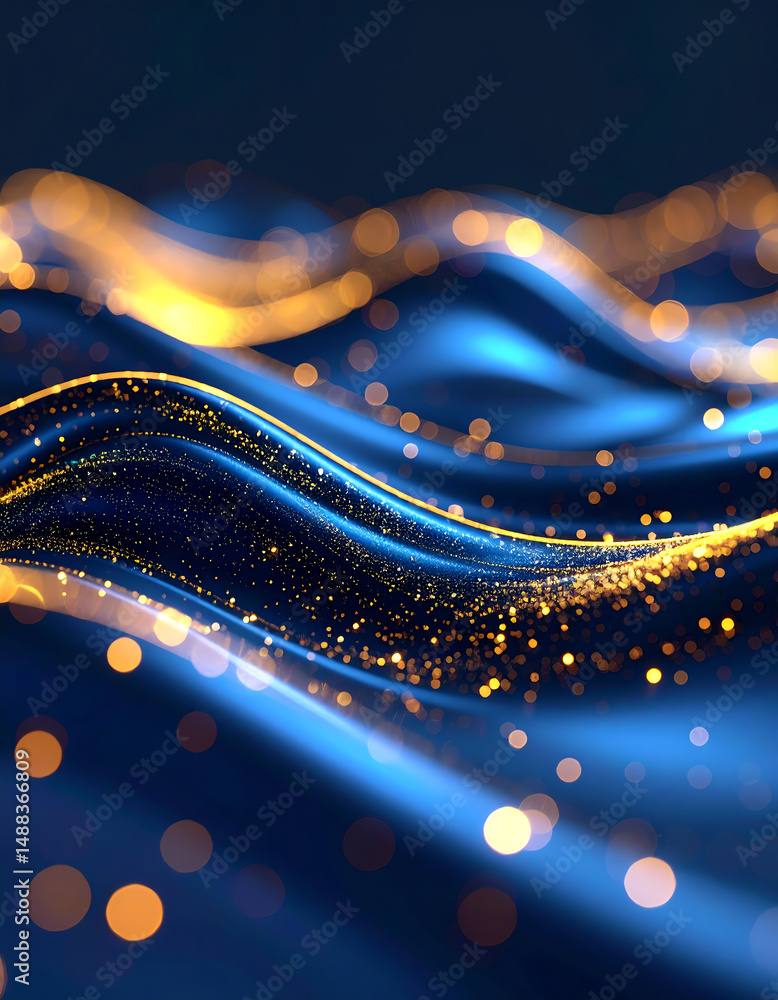 Poster abstract waves of blue and gold shimmer against a dark background, creating a mesmerizing visual eff