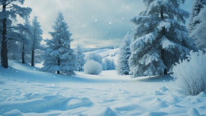 Naklejka premium A chilly winter landscape featuring snow-laden trees, soft snow drifts, and a clear blue sky. Ideal for design