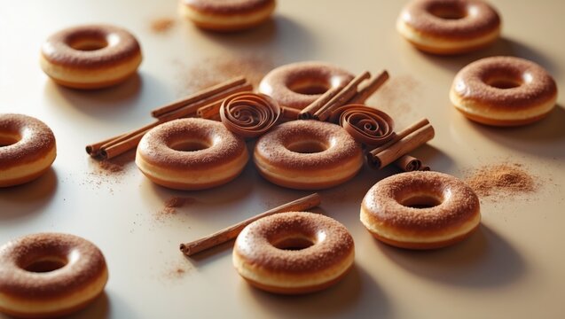 Cinnamon and Donuts in a Square on Table Top