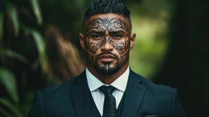 A man with a traditional Maori tattoo on his face, wearing a suit and tie, standing in front of a blurred green background.