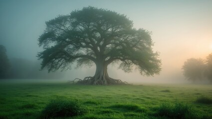 In the early morning, within the fog's embrace, a solitary, beautiful tree rested in a field.