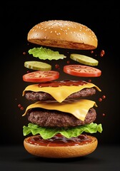Exploding double cheeseburger with flying ingredients: beef patties, cheese, lettuce, tomato, pickles, and sesame bun with ketchup on a dark background. Delicious