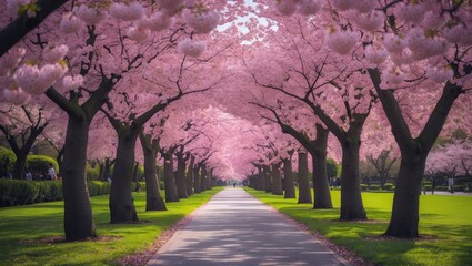 Naklejka premium Cherry Blossom Lane. Beautiful park featuring rows of blooming sakura trees and lush green grass in spring. Pink petals of cherry blossoms.
