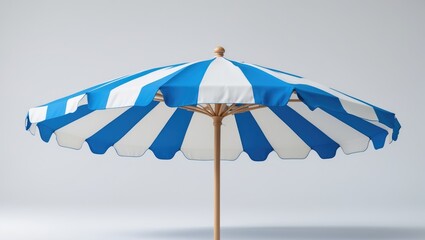 Blue and white striped beach umbrella on a white backdrop