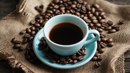 Fototapeta premium Freshly brewed coffee in a cup alongside roasted coffee beans on a rustic tabletop with a wooden spoon. Aerial perspective