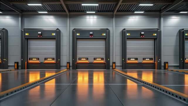 Loading docks opening in modern warehouse at night
