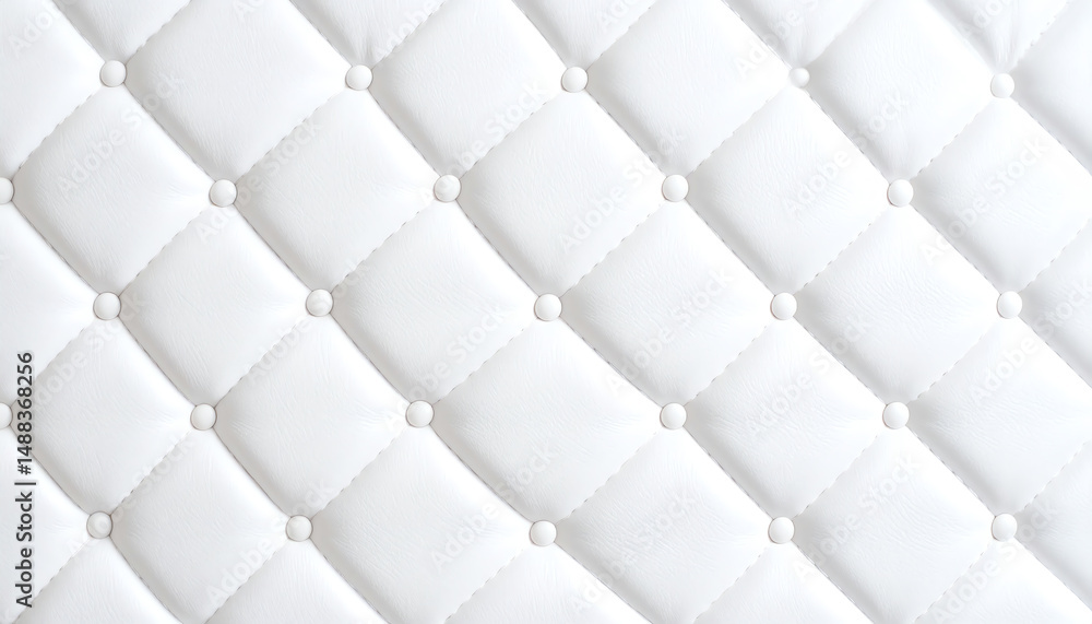 Poster a close-up view of a white padded surface with diamond patterns and buttons, showcasing a modern and