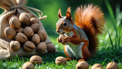 Obraz premium Nuts are eaten by a squirrel: A walnut bag as a squirrel's gift.