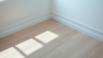 Corner of a room featuring light wood flooring and white baseboards.