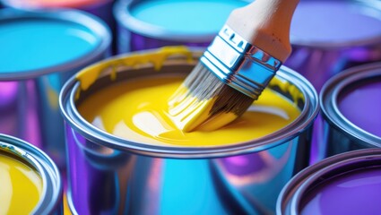 Tin cans containing paint and a paintbrush