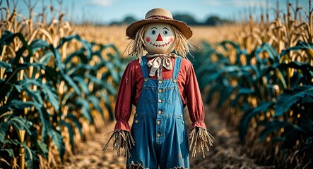 Obraz premium Scarecrow with old clothes standing in the middle of a cornfield