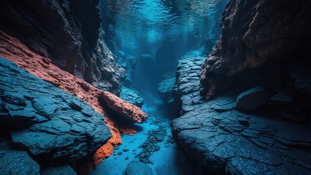 Fototapeta Silfra Tectonic Rift: Blue Transparent Water Surrounded by Colorful Rocks and Volcanic Lava, Popular for Snorkeling and Diving
