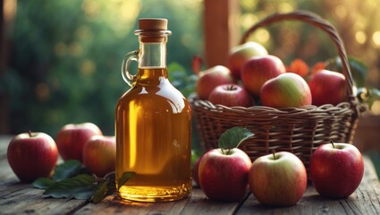 Bottle of apple cider vinegar on a summer day with apples