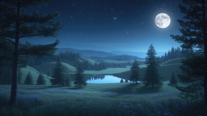 Naklejka premium At night, coniferous trees, hills, and a meadow with a pond can be observed on the horizon.