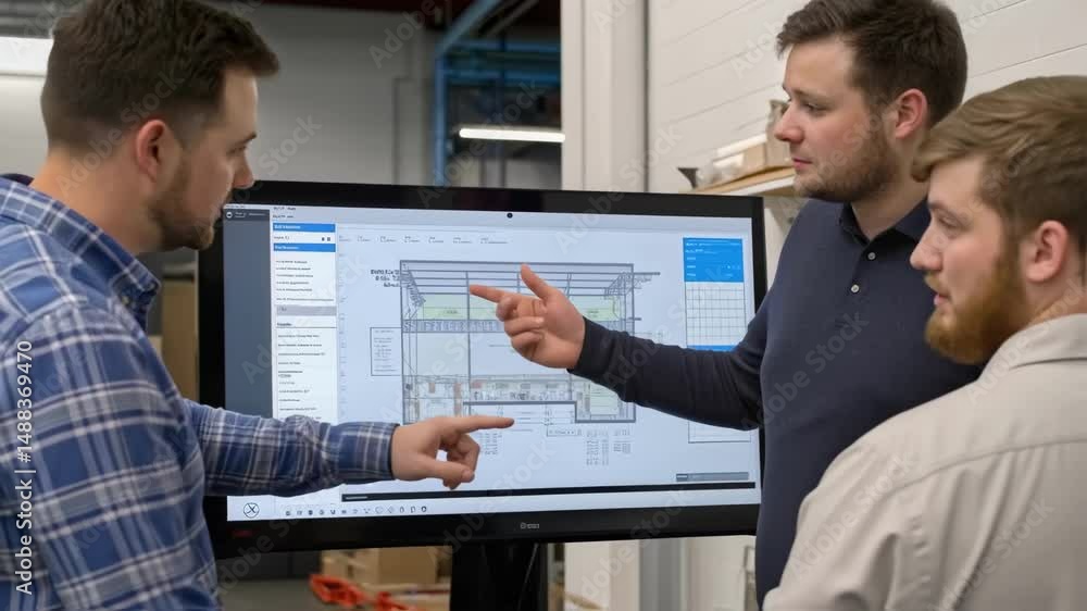 Poster Engineers analyzing blueprint on interactive whiteboard