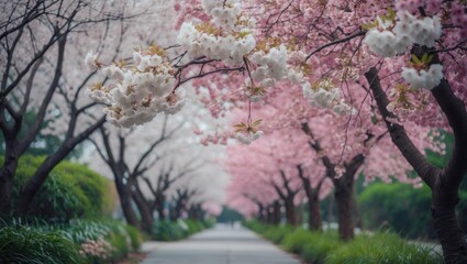 Scenic walkway lined with beautiful white and pink sakura flowers in full bloom.