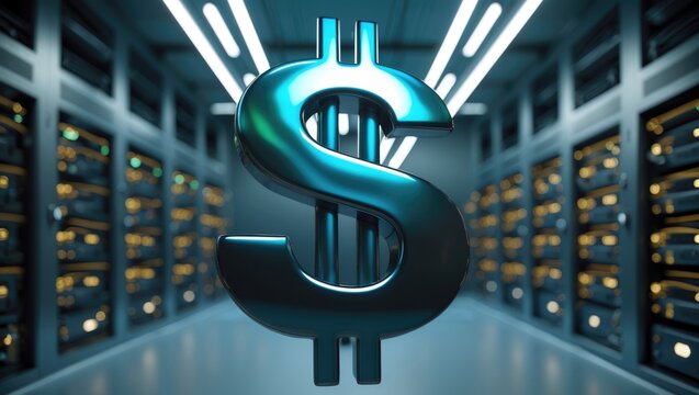 Image of a dollar sign suspended above the server room. Conceptual graphic representing commerce, finances, connections, and digital interfaces. - Powered by Adobe