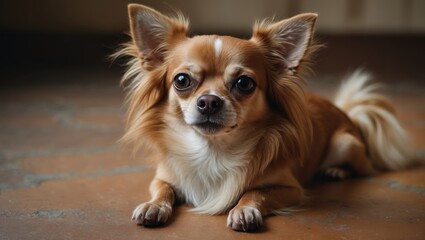 Long-haired chihuahua dog lying on the floor