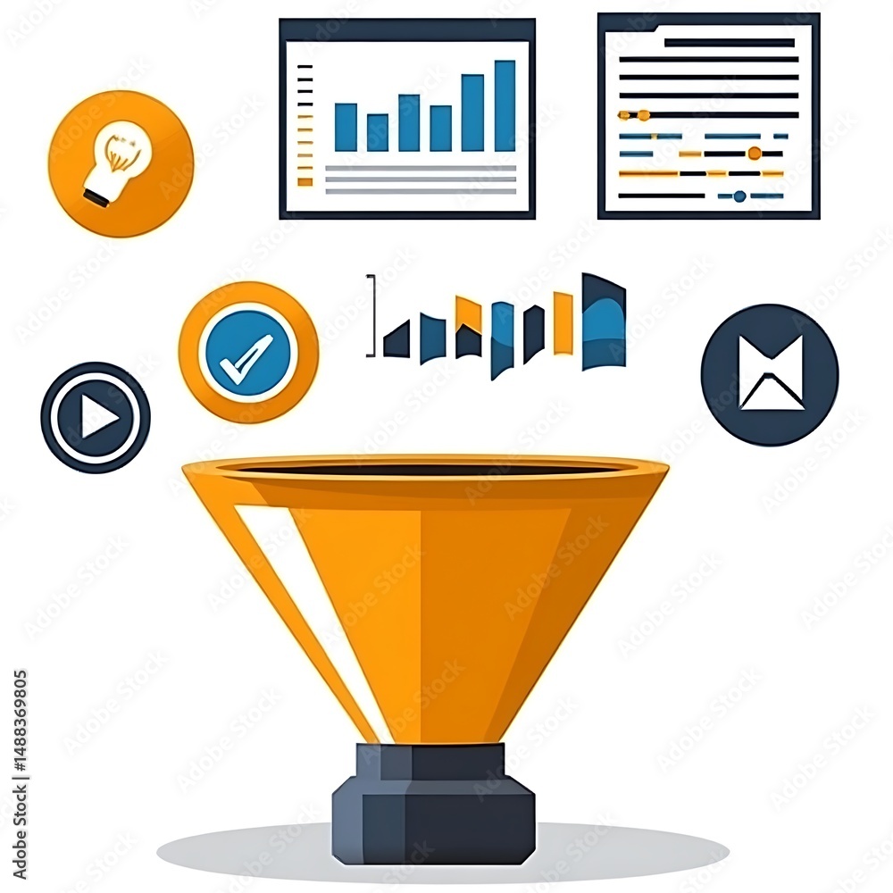 Poster business process optimization with funnel and data visualization icons
