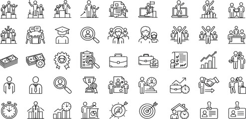 Head Hunting Line Editable Icons set. Vector illustration in thin line modern style of human resources related icons: job interview, candidates search, working conditions, and more.