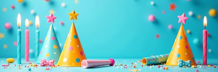 Birthday party hats, blowers, and candles on festive blue background, party, blue, celebration