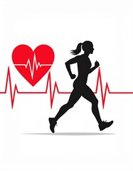 A woman jogging is depicted with a heart and heartbeat line, symbolizing cardiovascular health and fitness.