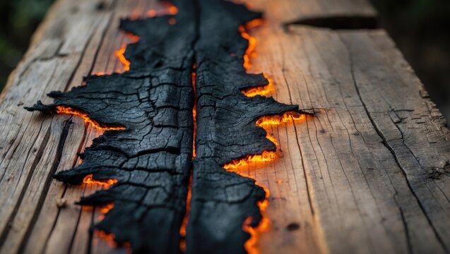 Blackened wooden surface with burning effect