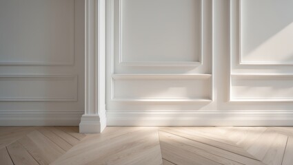 Segment of a white classic interior with wooden herringbone parquet flooring, installed wall panels, moldings, and skirting boards, at the final stage of apartment finishing works