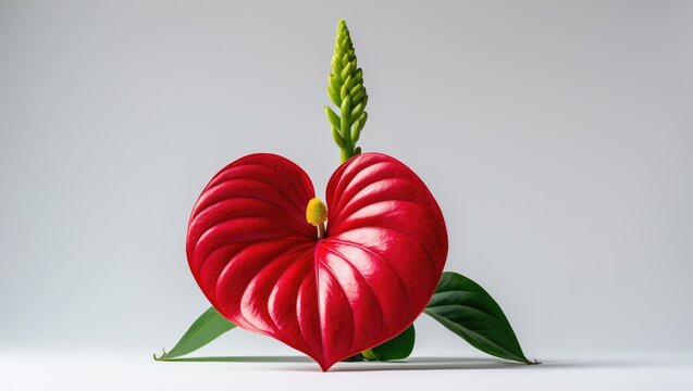 Anthurium displayed against a white background. Home flower in red with a yellow center. Heart-shaped blossom. Red flamingo anthurium leaf.