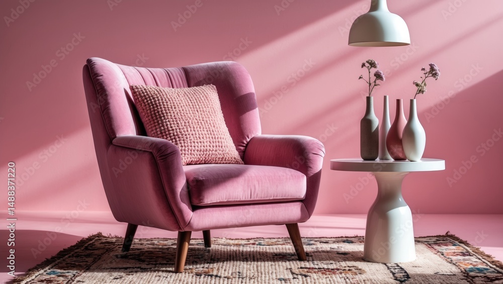 Poster inviting armchair equipped with a cushion and a coffee table displaying decorative bottles behind