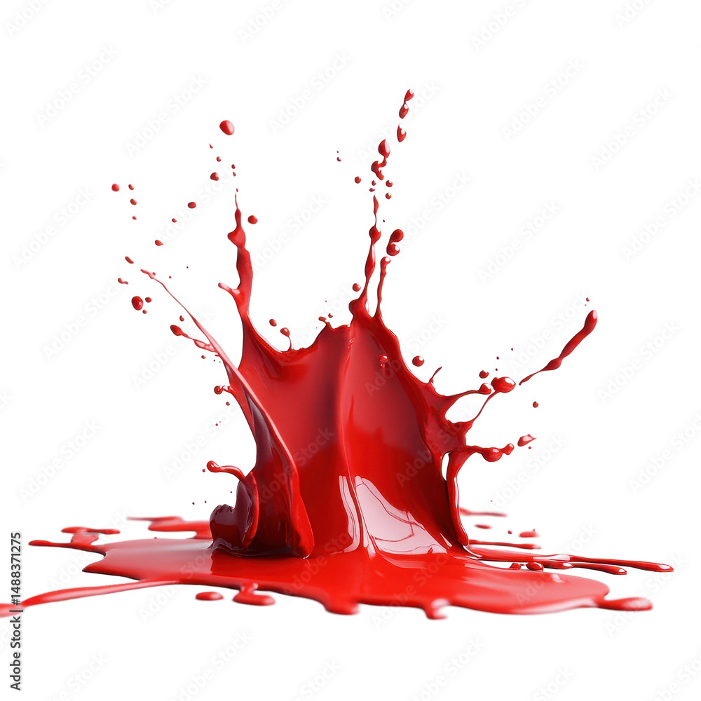 Poster red paint splash creating dynamic patterns on a clean white surface with vibrant energy, red paint s