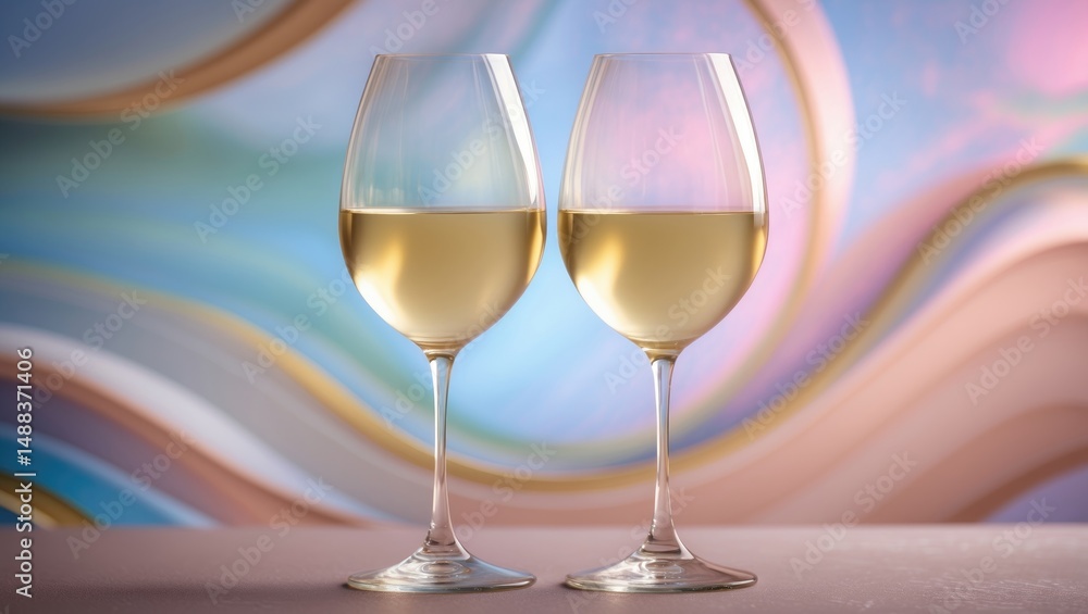 Aufkleber close-up view of two glasses of white wine side by side against a panoramic abstract backdrop with s