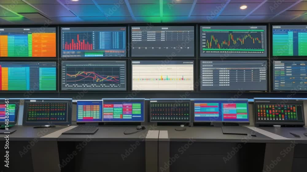 Fototapete Network operations center showing changing data on multiple screens