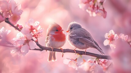 Two birds resting together amidst blossoms in soft light.
