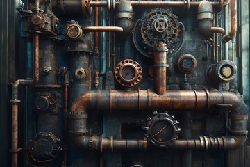 Detailed close up depiction of industrial steampunk machinery with rusted metallic components