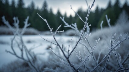 Intimate portrayal of frost-covered twigs against a gentle focus background.
