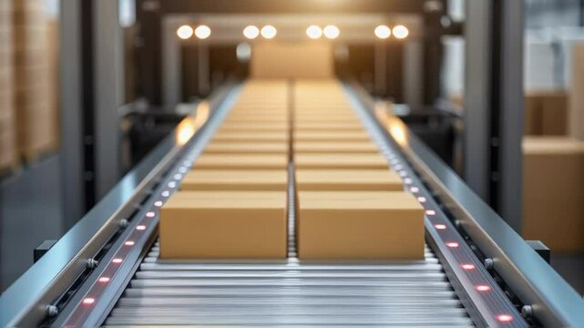 Cardboard boxes moving on conveyor belt in distribution warehouse