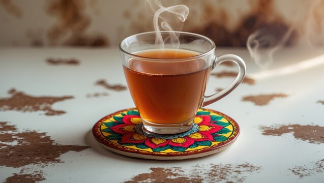 Hot milk tea in a glass on textured surface