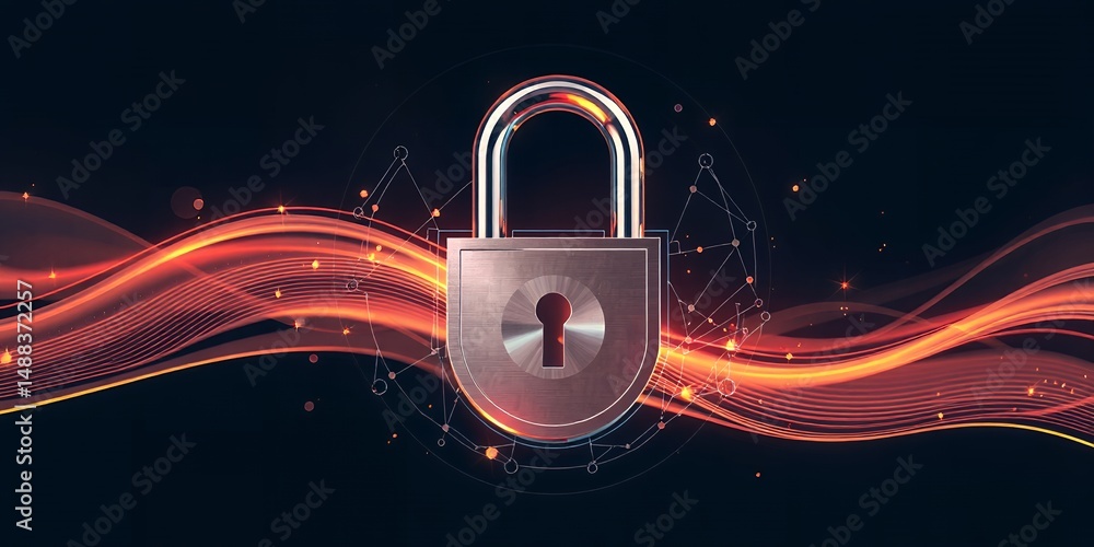Poster secure digital data protection padlock concept abstract background with glowing waves