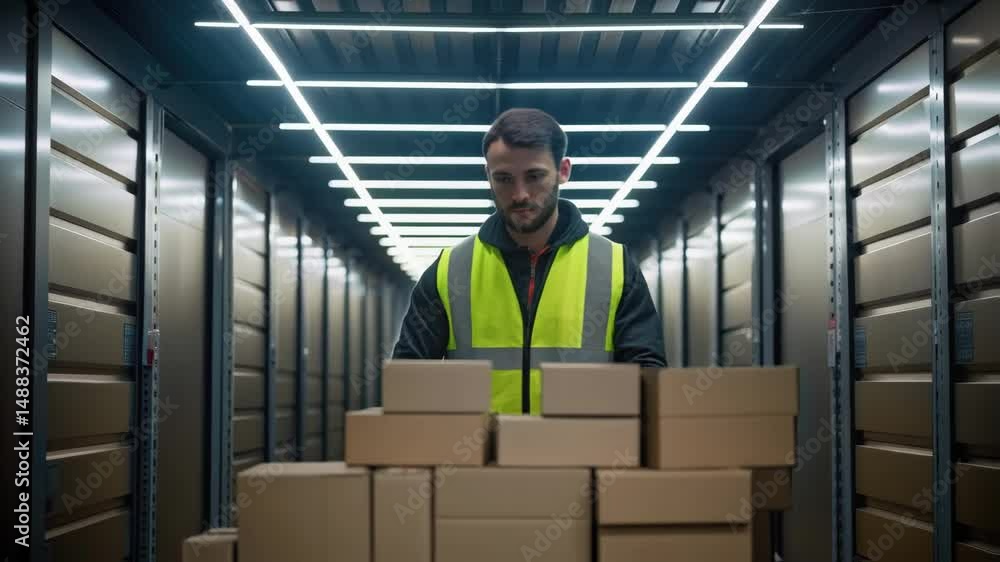 Poster warehouse worker checking cardboard boxes inventory