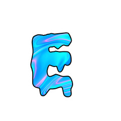 Liquid Chrome Letter E – Iridescent 3D Typography with Holographic Blue Texture on Black Background. Holographic, Neon Letter
