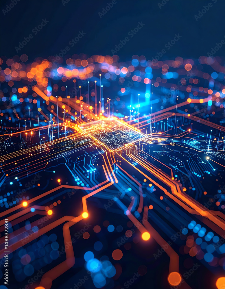 Poster a vibrant, abstract representation of a microchip with glowing circuit paths and connections, highli
