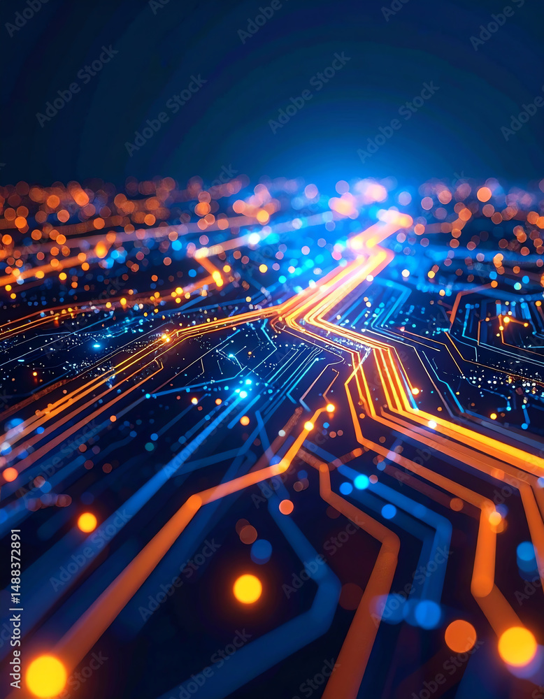 Poster a vibrant digital circuit design with glowing blue and orange lines, representing the complexity and