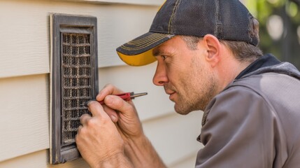 Home Maintenance: Technician Cleaning Air Vent with Screwdriver